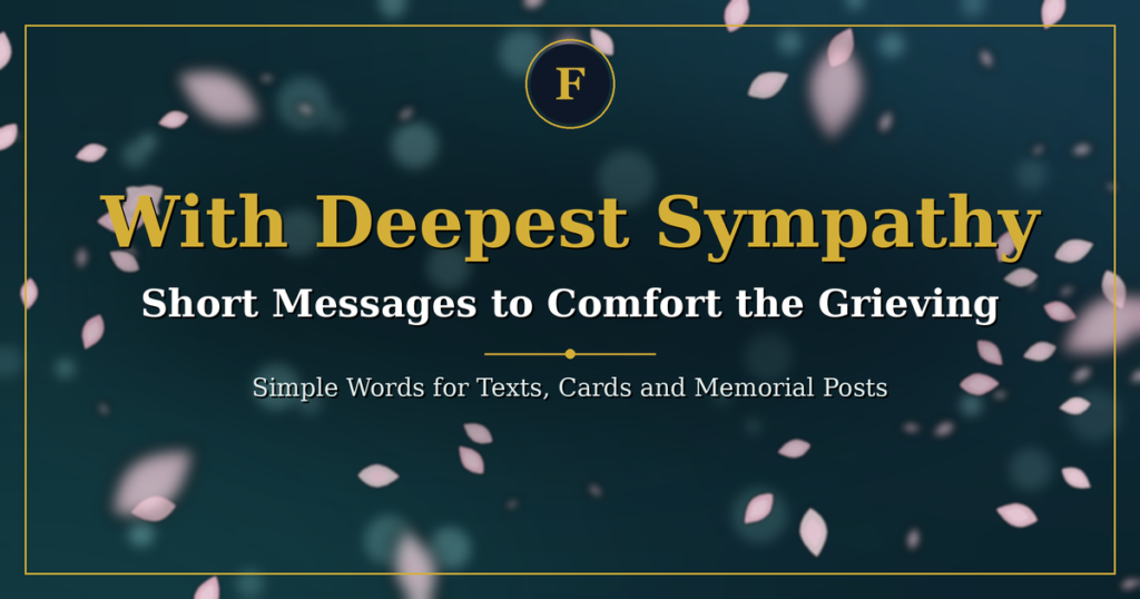 Pink flower petals falling on a calm teal background with short sympathy messages