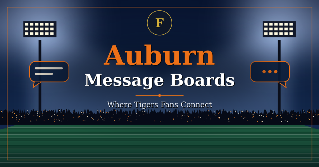 Night football stadium with floodlights and chat bubbles, Auburn message boards where Tigers fans connect
