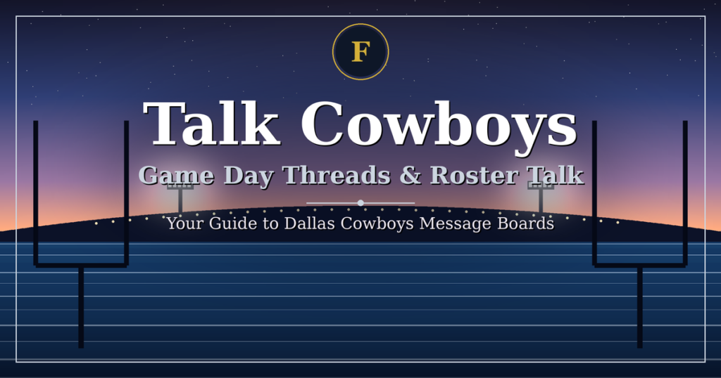 Football goalposts at twilight with a stadium on the horizon, talk Cowboys game day threads and roster talk