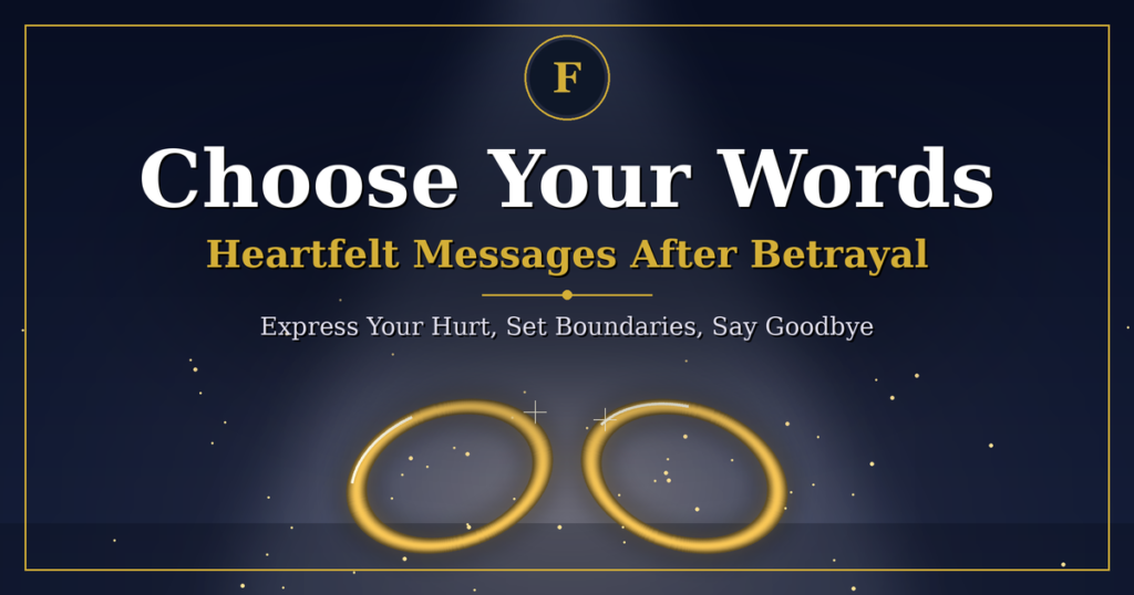 Choose Your Words banner with heartfelt messages after betrayal, showing two golden rings on a dark background